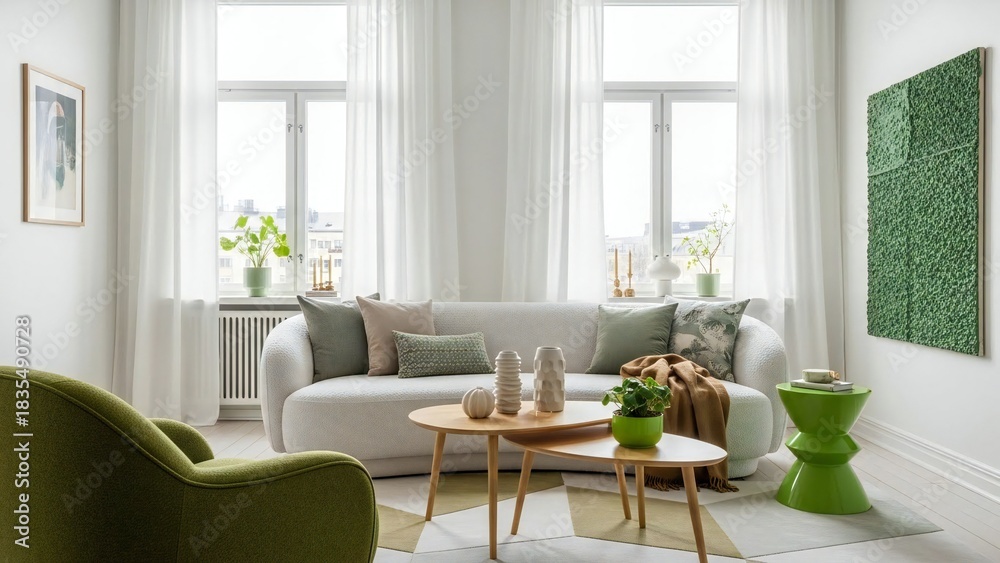 Fototapeta premium Living Room Interior with a White Sofa, Green Accents, and Natural Light from Large Windows Creating a Bright and Inviting Minimalist Space with Modern Design Elements - High quality