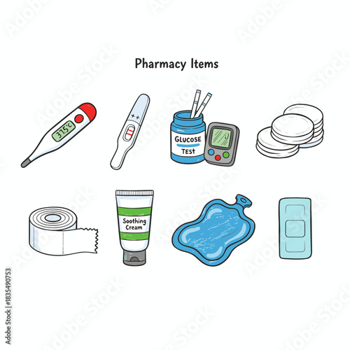 Healthcare and pharmacy items illustration set