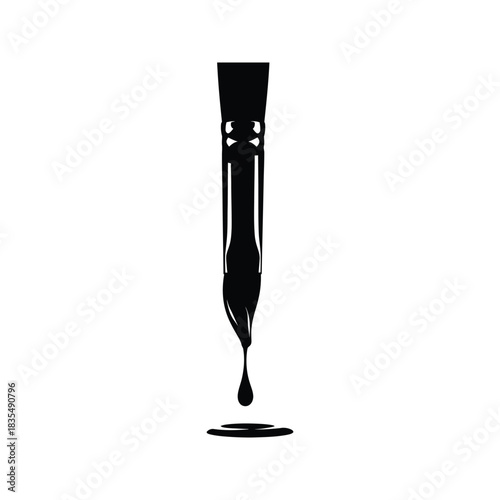 Black paint brush dripping liquid black paint onto a white background