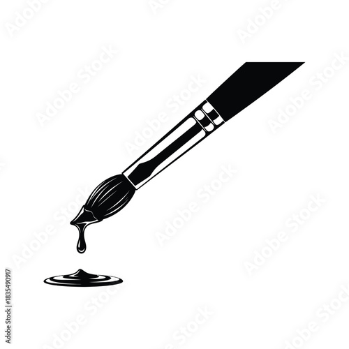 Black paintbrush with dripping ink creating a pool of liquid on a white background