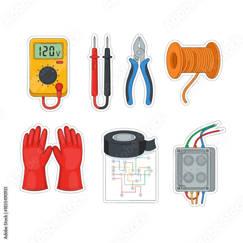 Electrical tools and equipment cartoon icons