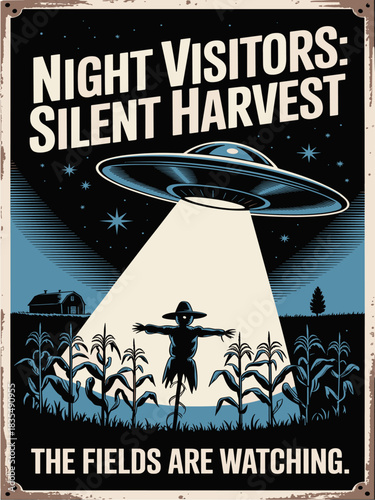 Vintage-style poster of a metallic UFO over a cornfield with tractor beam, scarecrow, barn silhouette, and starry night sky