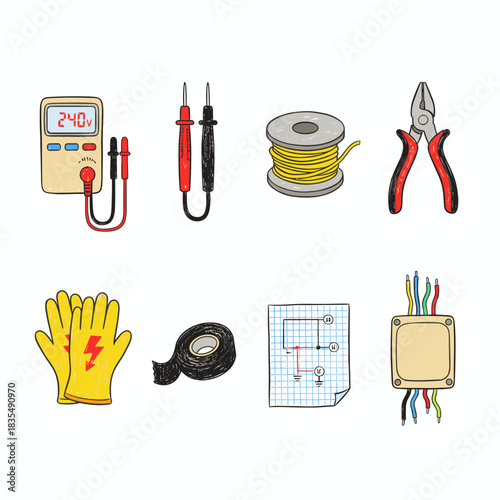 Electrical work tools and items vector illustration