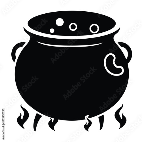 Black Cauldron Silhouette with Bubbles and Flames