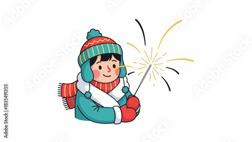 A cheerful child in winter attire holds a lit sparkler, celebrating with joy.
