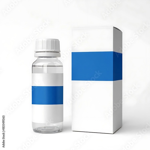 Minimal Blue Stripe Medicine Bottle and Carton Packaging on Clean White Background