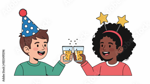 Two diverse children celebrating with drinks, one wearing a party hat and the other a star headband.