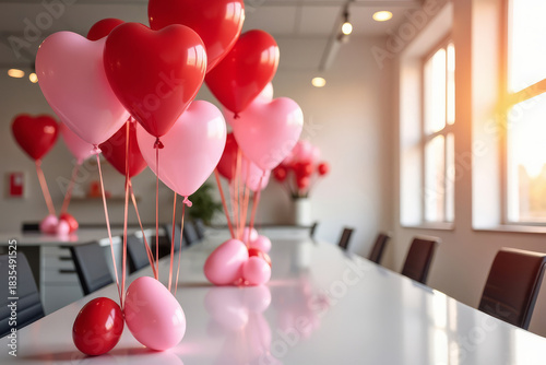 Corporate Valentine Setup. Heart Meeting Room Decor. Festive Office Space.