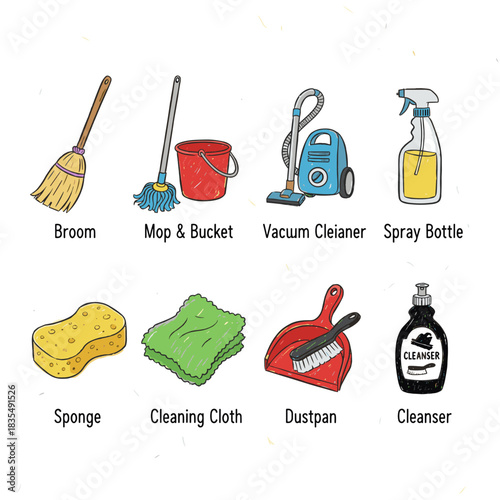 Cleaning tools cartoon-style icons set