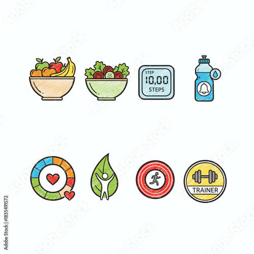 Health and fitness colorful icons set
