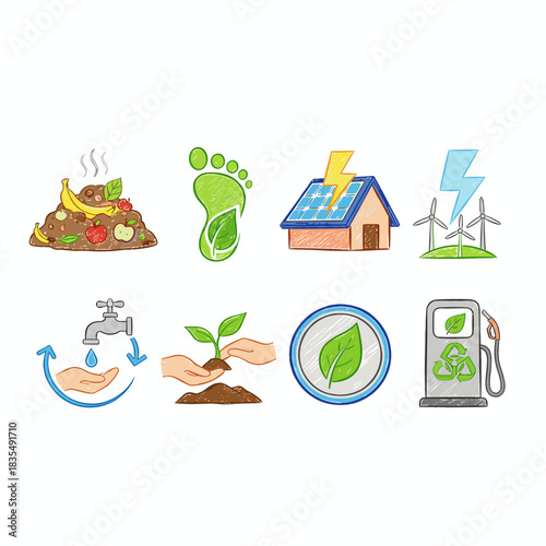 Environmental and sustainability hand-drawn icons collection