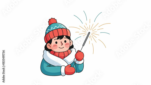 A smiling girl wearing winter clothes holds a lit sparkler, creating bright, radiating sparks against a white background.