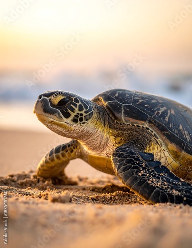 Sea turtle emerging from the sand at sunrise