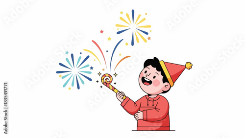 A happy boy in a red hat holds a sparkler, creating colorful fireworks against a white background, celebrating with joy.