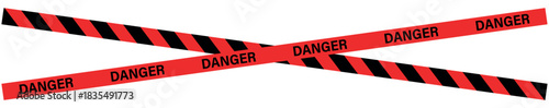 Two crossed red danger tapes with black stripes and the word danger on a white background , ribbons, stripes, tape