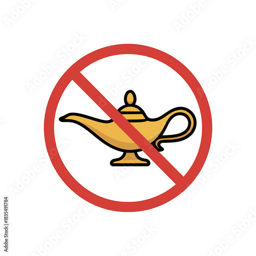 Forbidden magical lamp in red prohibition circle concept of wishes and fantasy stories forbidden in this area or situation