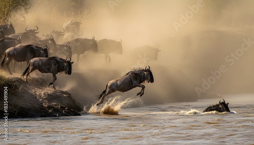 Wildebeest migration thrilling river crossing in the serengeti east africa