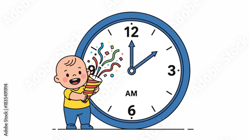 Cartoon illustration of a baby holding a party popper with confetti next to a clock showing 2 AM, indicating a late-night celebration.