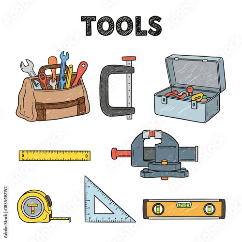 Tools and equipment cartoonish illustrations set