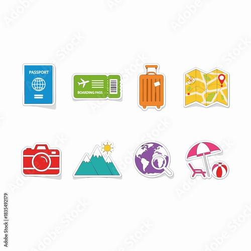Travel and vacation cartoonish sticker icons set