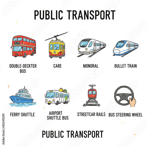 Public transport cartoon icons set