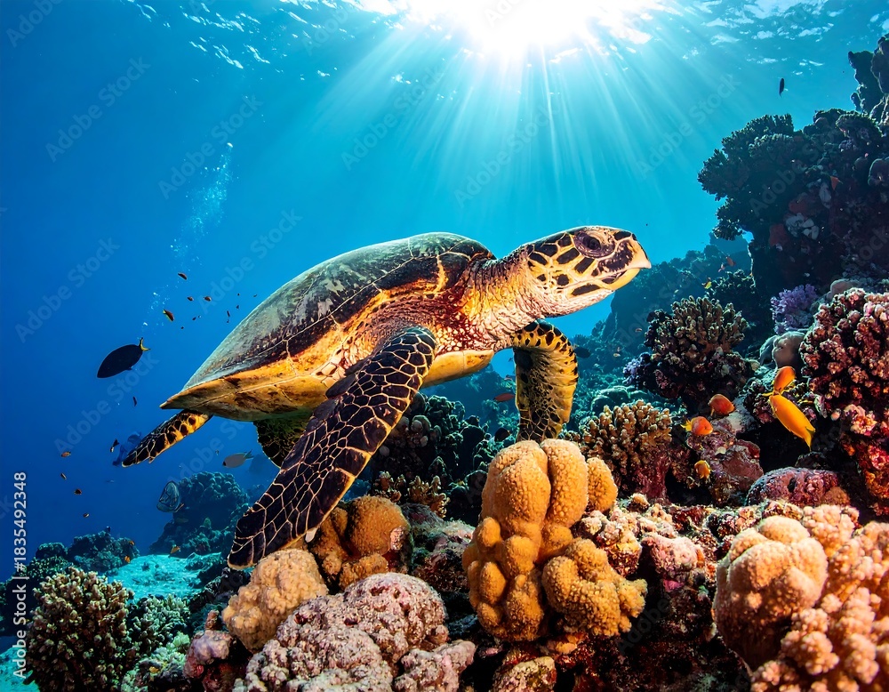 Naklejka premium Sea turtle on coral reef, sunlight