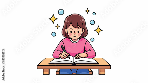 A young girl sits at a desk, writing in a notebook with concentration and focus.