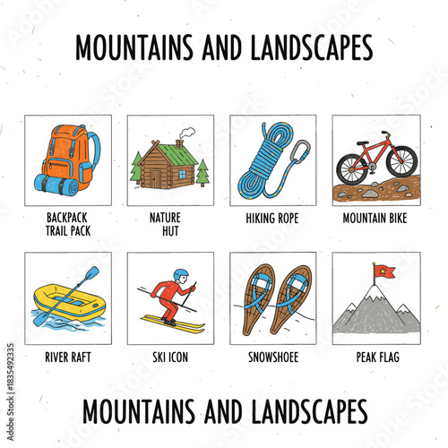Mountains and landscapes outdoor activities icons set