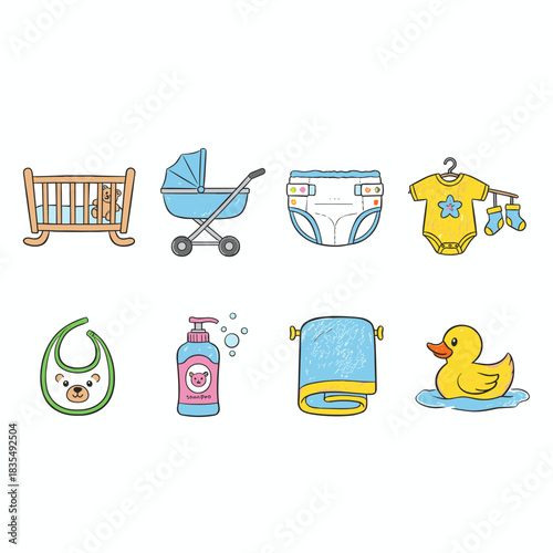 Baby items hand-drawn illustrations set