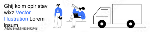 Logistics, transportation, teamwork, communication, delivery services, creative projects. Two characters interacting, and a truck nearby with placeholder text. Logistics and teamwork concept