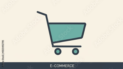 A simple, flat design illustration of a teal shopping cart for e-commerce.