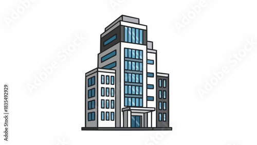 A modern, multi-story office building with a tiered design and blue windows, representing urban architecture.