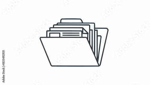 Line art icon of an open folder filled with various documents and files, symbolizing organization and data storage.