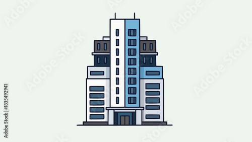 Modern office building illustration with blue and white facade.