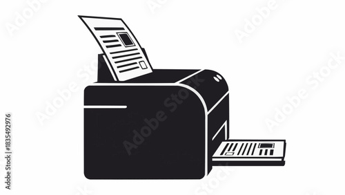A black and white icon depicting a modern office printer with paper loaded in the input tray and a document being printed from the output tray.