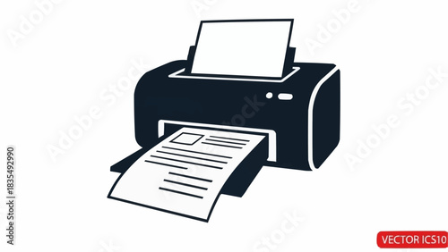 Black and white icon of a printer with paper being fed and printed document emerging.