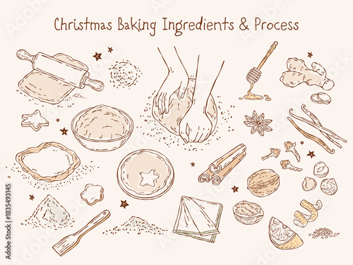 Hand-drawn vector line art set of the Christmas baking process with minimal outlines and soft pastel accents: hands, dough, spices, citrus, tools. Perfect for holiday cards and packaging
