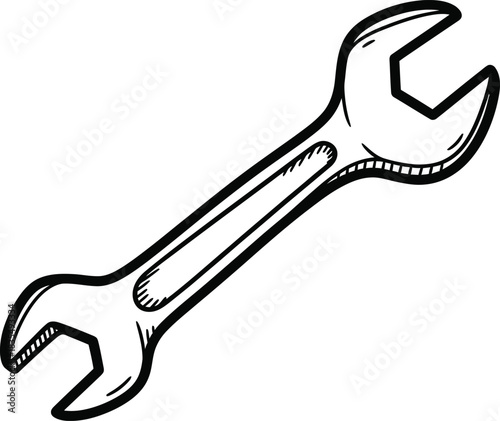 Hand-drawn simple wrench icon, doodle solid black on white, uneven jaws, quick tool sketch