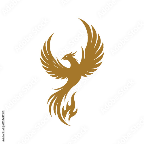 Majestic golden phoenix bird rising from flames with outstretched wings and flowing tail feathers