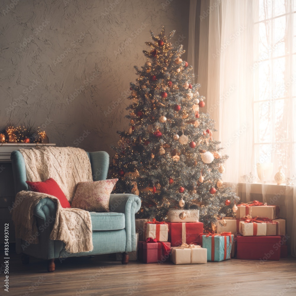Obraz premium Cozy Christmas living room with decorated tree, wrapped gifts and soft armchair in warm holiday light
