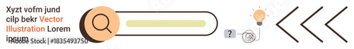 Digital searches, creative thinking, innovation, problem-solving, online tools, progress. A search bar with icons thumbs up a light bulb and arrows. Digital searches and creative thinking concept