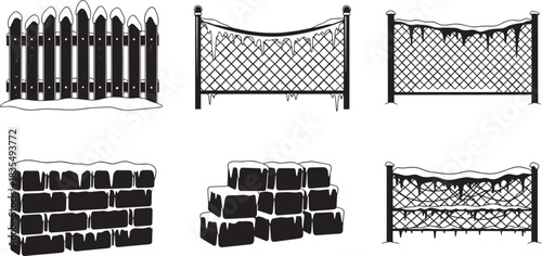Set of winter landscape elements fence gate wall rock illustration for scene