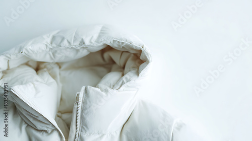 Wallpaper Mural A close-up shot of a white puffy hooded jacket against a bright white background. The composition highlights the jacket's texture and the clean, minimalist aesthetic. Torontodigital.ca