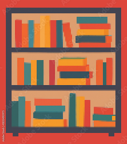 Retro Halftone Bookshelf Vector Illustration. Colorful Stipple Dotwork Library Design with Stacked Books. Geometric Mosaic Education Poster for Reading School Background