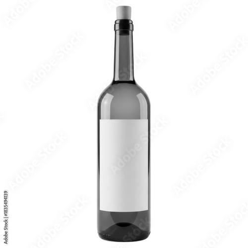 A tall green glass wine bottle with a blank white label isolated on white background
