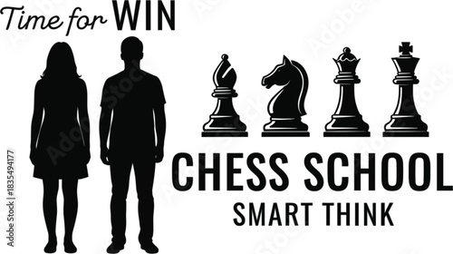 Vintage black and white logo vector for a professional Chess School featuring chess piece silhouettes two players and motivational typography for smart thinking
