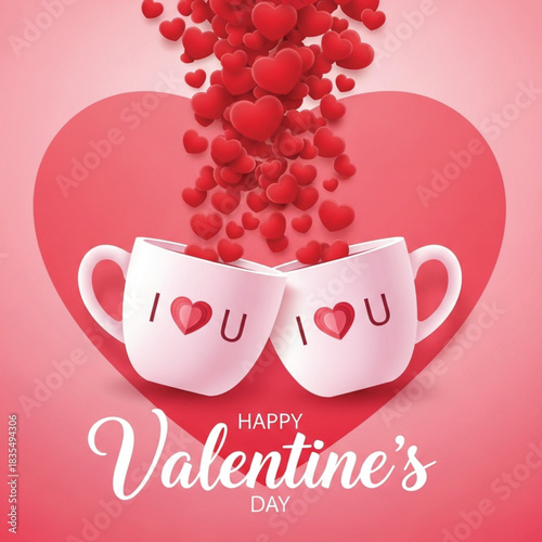 A romantic illustration featuring two white mugs forming a heart shape with the text 'I U' and a central heart, set against a large pink heart backdrop with cascading red hearts above.