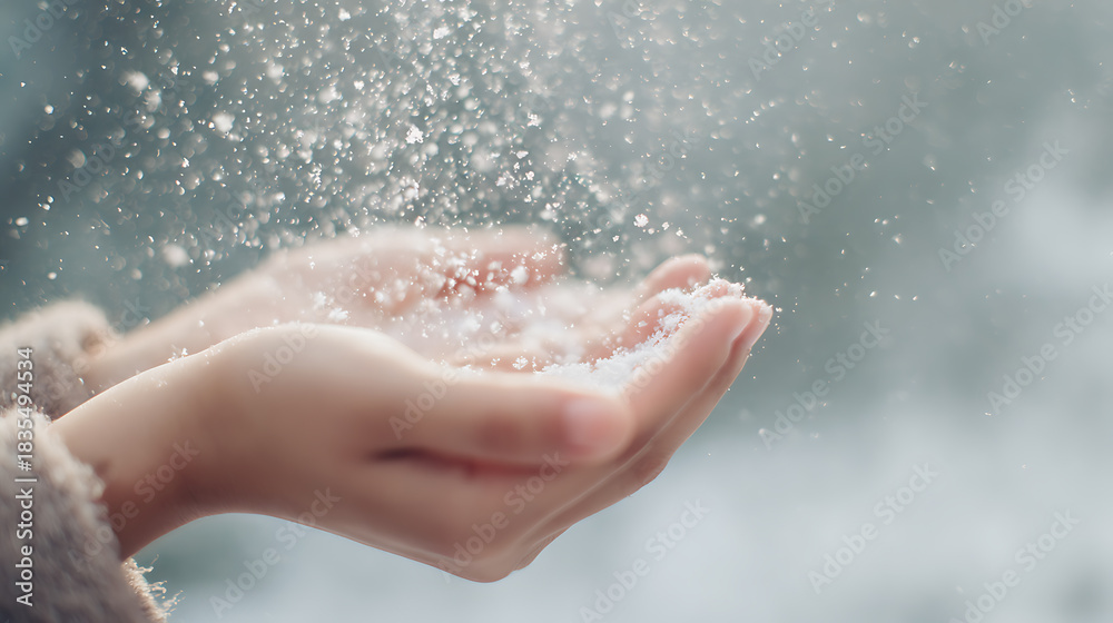 Fototapeta premium Close-up of person catching snowflakes in hands, illuminated by natural light, creating a serene winter atmosphere. Wintertime magic shown through falling snow.