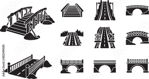 Different bridges silhouettes for landscape design and nature park decoration