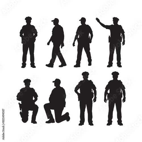 Police Officers Full Figures Silhouettes Collection, Police Silhouette, Law Enforcement Vector Set